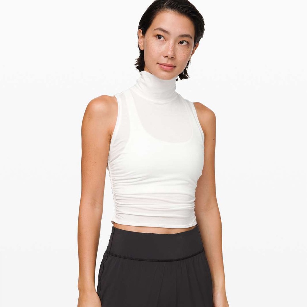 Lululemon See The Horizon Cropped Cinched Sides White Mock Neck Tank, Size 6
